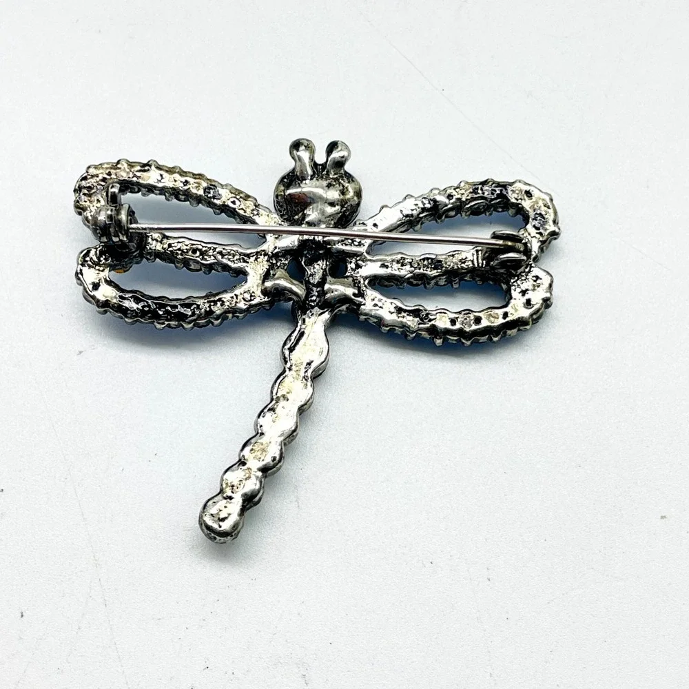 Blue Rhinestone Dragonfly Brooch Silver Tone Insect Pin Bug - Picture 5 of 6